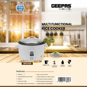 Geepas GRC4325 Multifunction Rice Cooker | 1L Capacity | 3-in-1 Cook | Steam & Keep Warm | Removable Non-Stick Inner Pot | Glass Lid | 400W | Cool-touch handles