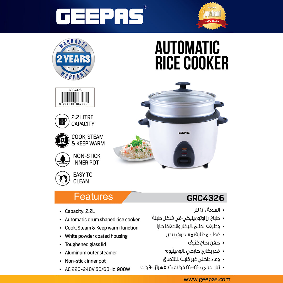 Geepas Automatic Rice Cooker GRC4326 | 2.2L Capacity | 3-in-1 Function – Cook, Steam & Keep Warm | Non-Stick Inner Pot, Easy to Clean & Durable Design | 2 Years Warranty