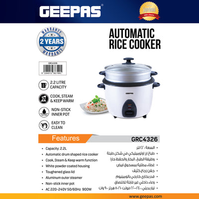 Geepas Automatic Rice Cooker GRC4326 | 2.2L Capacity | 3-in-1 Function – Cook, Steam & Keep Warm | Non-Stick Inner Pot, Easy to Clean & Durable Design | 2 Years Warranty
