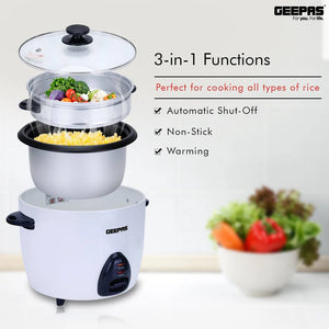 Geepas Automatic Rice Cooker GRC35011 | 1.5L Capacity | 500W Power | 3-in-1 Function Cook, Steam & Keep Warm | Durable Non-Stick Inner Pot  |   2 Years Warranty
