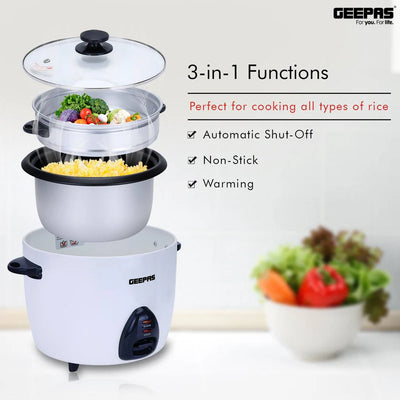 Geepas Automatic Rice Cooker GRC35011 | 1.5L Capacity | 500W Power | 3-in-1 Function Cook, Steam & Keep Warm | Durable Non-Stick Inner Pot  |   2 Years Warranty