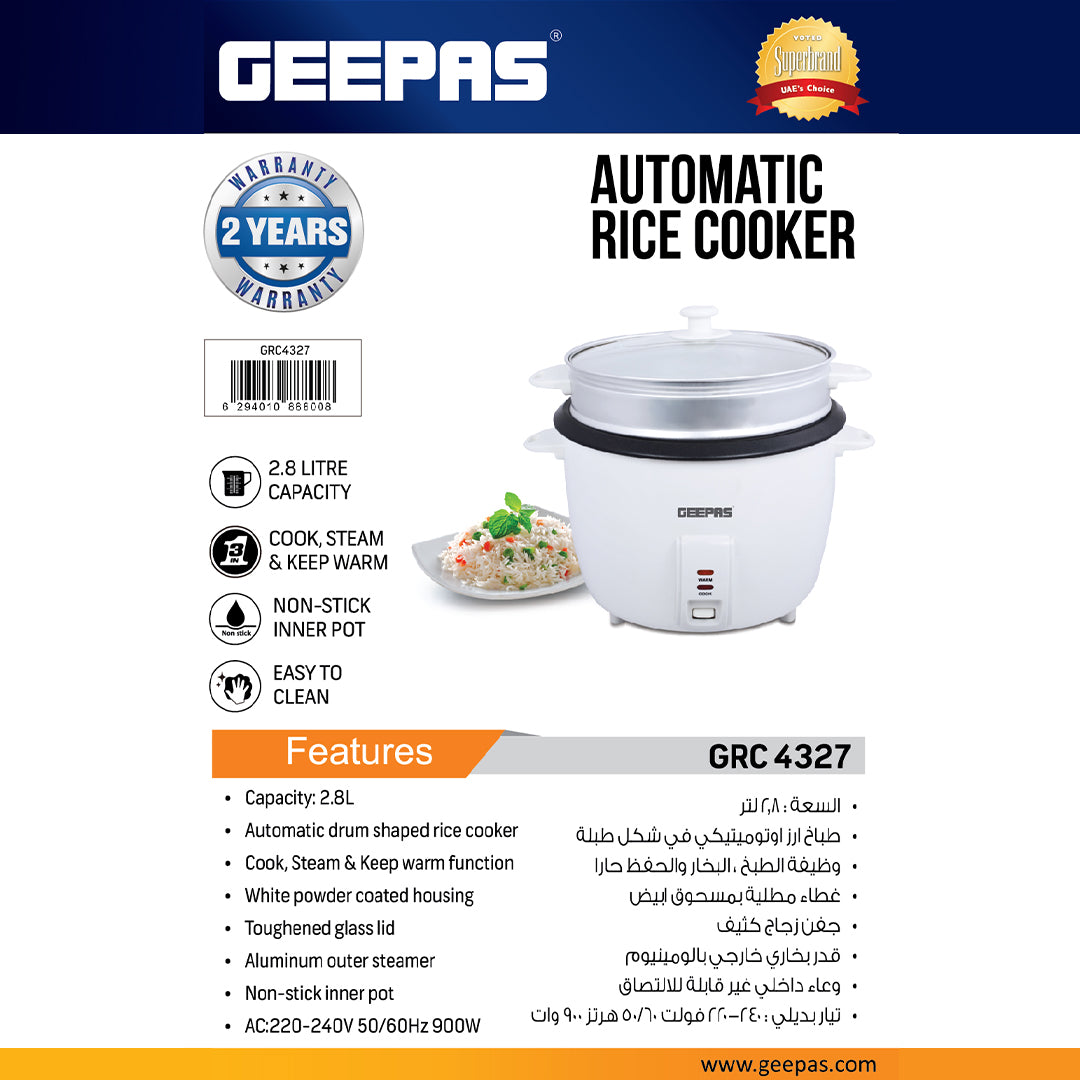 Geepas  Automatic Rice Cooker GRC4327 | 2.8L Large Capacity | 900W Power | Cook, Steam & Keep Warm Function | Non-Stick Inner Pot |  Energy Efficient | 2 Years Warranty