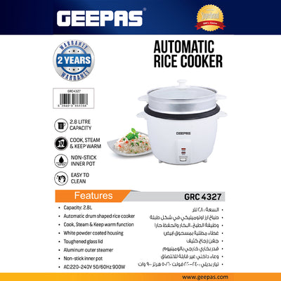 Geepas  Automatic Rice Cooker GRC4327 | 2.8L Large Capacity | 900W Power | Cook, Steam & Keep Warm Function | Non-Stick Inner Pot |  Energy Efficient | 2 Years Warranty