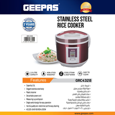 Geepas Stainless Steel Rice Cooker GRC4328 | 1.5L Capacity |Cook, Steam & Keep Warm | Durable Stainless Steel Body, Non-Stick Inner Pot & Easy to Clean | 2 Years Warranty
