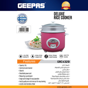 Geepas Deluxe Rice Cooker GRC4329 |1.8L Capacity | Powerful Heating |Non-Stick Inner Pot | Steamer Tray for Healthy Cooking |Cook & Keep Warm Function| 2 Years Warranty