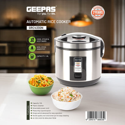 Geepas Automatic Rice Cooker GRC4330 | 1.8L Large Capacity | Ideal for Cooking, Steaming & Keeping Food Warm | Energy Efficient & Easy to Clean Design | 2 Years Warranty