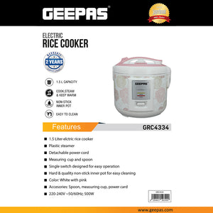 Geepas 1.5L Rice Cooker GRC4334 | 500W | Cook, Steam & Keep Warm Function | Non-Stick Inner Pot |  Easy Cleaning | Compact Design | Energy Efficient | 2 Years Warranty