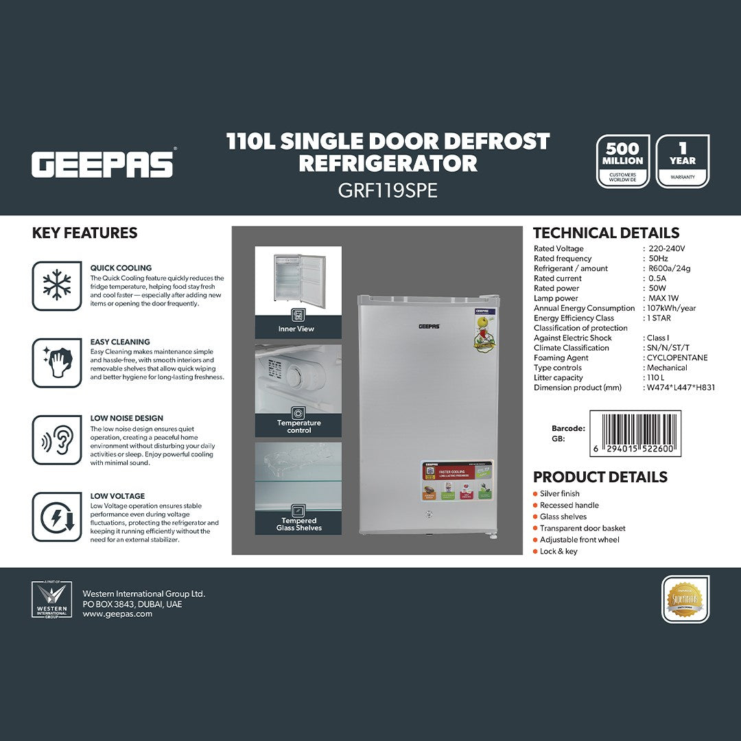 Geepas GRF119SPE 110L Single Door Defrost Refrigerator |92L Net Capacity |Quick Cooling technology |single door design | Mechanical temperature control |R600a refrigerant