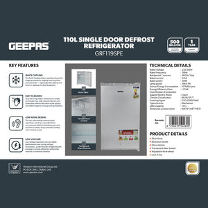 Geepas GRF119SPE 110L Single Door Defrost Refrigerator |92L Net Capacity |Quick Cooling technology |single door design | Mechanical temperature control |R600a refrigerant