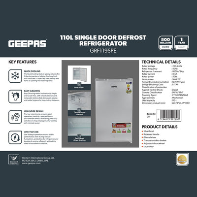 Geepas GRF119SPE 110L Single Door Defrost Refrigerator |92L Net Capacity |Quick Cooling technology |single door design | Mechanical temperature control |R600a refrigerant
