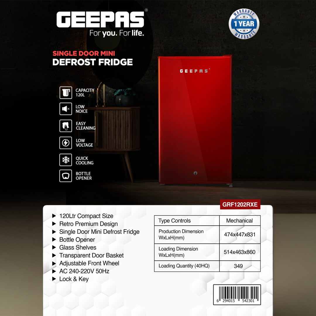 Geepas GRF1202RXE 120L Single Door Mini Defrost Refrigerator | 92L Net Capacity | Quick Cooling Technology | Low Noise Design | Mechanical Temperature Control |Lock & Key