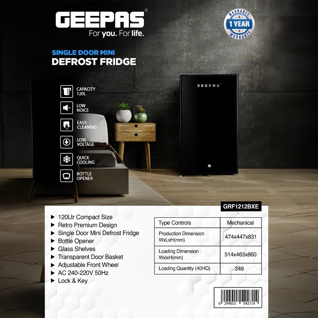 Geepas GRF1212BXE 120L Single Door Mini Defrost Refrigerator| 92L Net Capacity |Quick Cooling Technology | Low Noise Operation | Low Voltage Protection |1-Year r Warranty