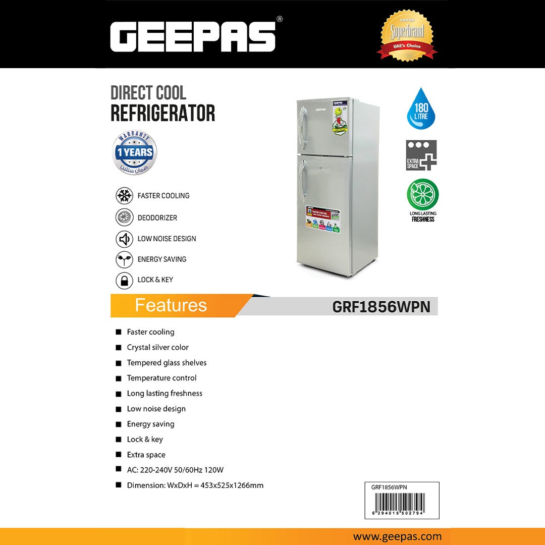 Geepas GRF1856WPN 180L Direct Cool Double Door Refrigerator | Energy Efficient |Direct Cool Technology | Fast Cooling Performance | Built-in Deodorizer |Low Noise Design