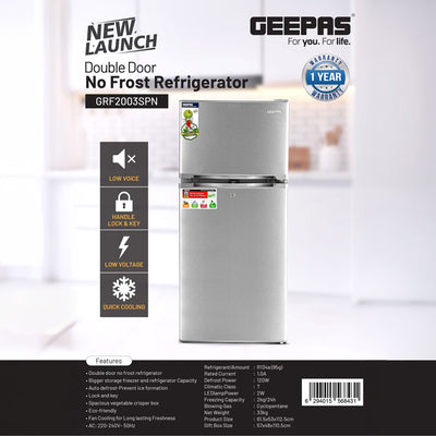 Geepas GRF2003SPN Double Door No Frost Refrigerator  200L | Quick Cooling | Low-noise operation | Eco-friendly refrigerant | Energy-efficient cooling performance