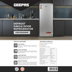 Geepas GRF2050SPE Defrost Single Door Refrigerator |220L Gross Capacity |173L Net Capacity | Quick Cooling Technology |Low Noise Operation |Glass Shelves| Recessed Handle