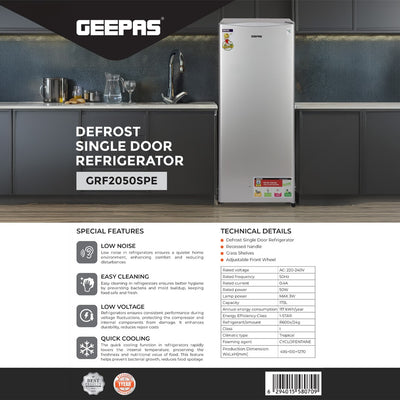 Geepas GRF2050SPE Defrost Single Door Refrigerator |220L Gross Capacity |173L Net Capacity | Quick Cooling Technology |Low Noise Operation |Glass Shelves| Recessed Handle