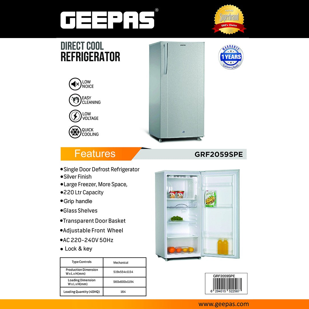Geepas GRF2059SPE Direct Cool Single Door Refrigerator | 220L Capacity |Manual Defrost System | Large Freezer Compartment | Quick Cooling Performance |Low Noise Operation