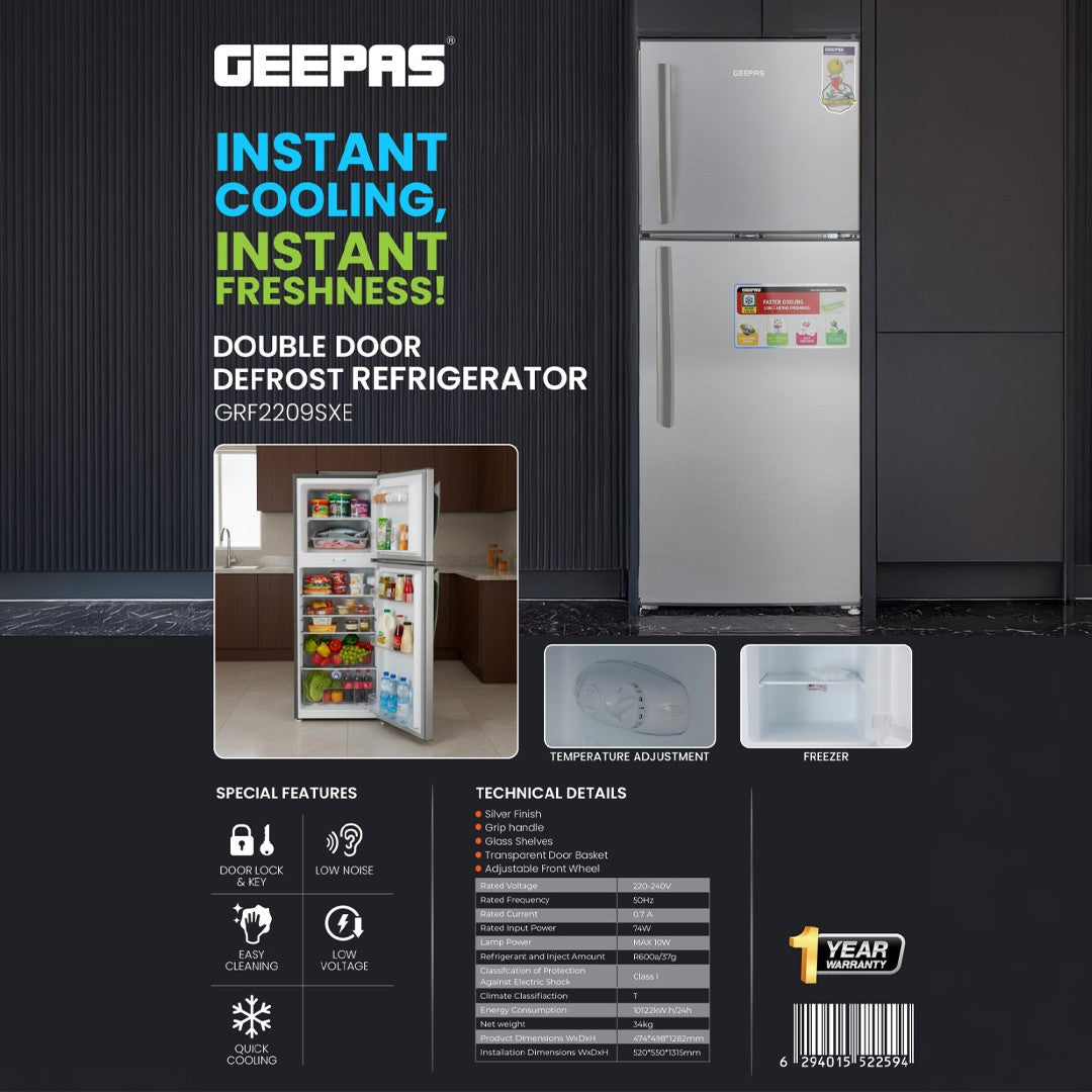 Geepas GRF2209SXE 200L Double Door Defrost Refrigerator | Instant Cooling |138L Net Capacity | Adjustable temperature control | tempered glass shelves | R600a refrigerant