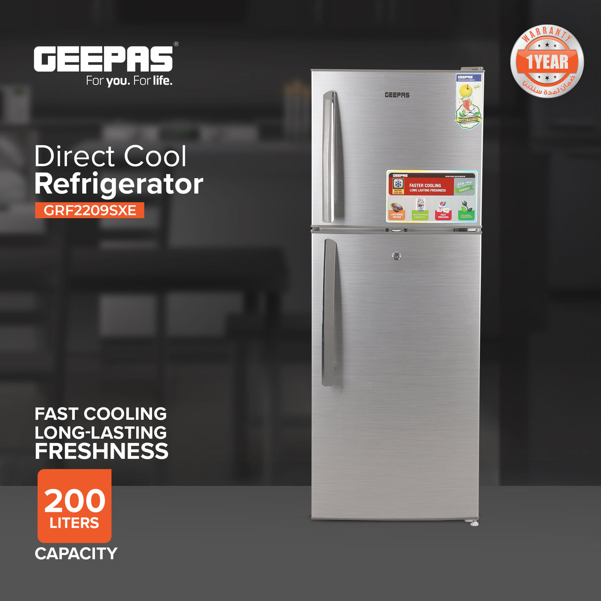 Geepas Double Door Refrigerator - Free Standing Durable Double Door Refrigerator, Gross 200L & Net 138L capacity, Quick Cooling & Long-lasting Freshness, Low Noise, Low Energy Consumption, Defrost Refrigerator | 1 Year Warranty