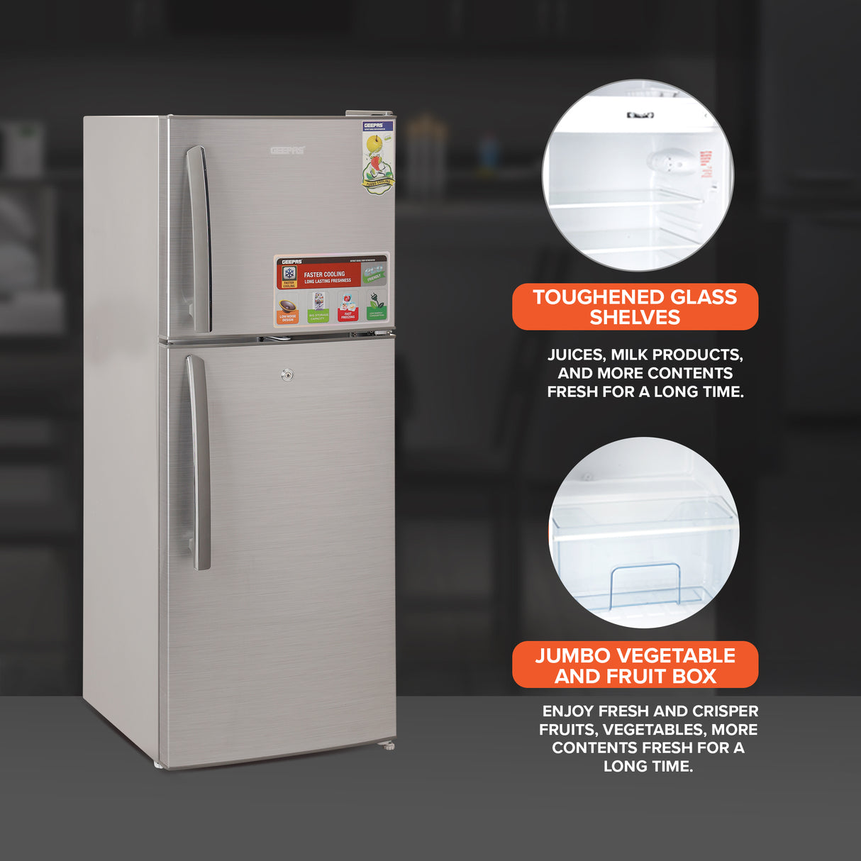 Geepas Double Door Refrigerator - Free Standing Durable Double Door Refrigerator, Gross 200L & Net 138L capacity, Quick Cooling & Long-lasting Freshness, Low Noise, Low Energy Consumption, Defrost Refrigerator | 1 Year Warranty
