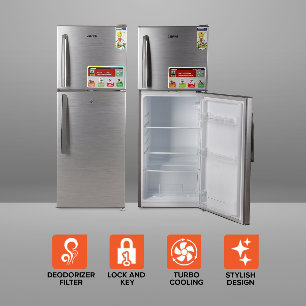 Geepas Double Door Refrigerator - Free Standing Durable Double Door Refrigerator, Gross 200L & Net 138L capacity, Quick Cooling & Long-lasting Freshness, Low Noise, Low Energy Consumption, Defrost Refrigerator | 1 Year Warranty