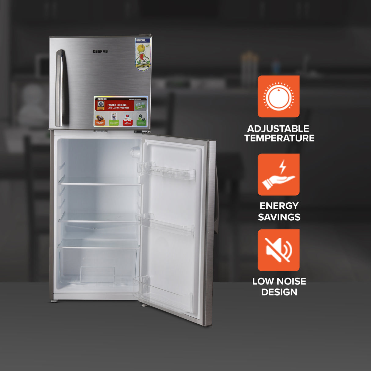 Geepas Double Door Refrigerator - Free Standing Durable Double Door Refrigerator, Gross 200L & Net 138L capacity, Quick Cooling & Long-lasting Freshness, Low Noise, Low Energy Consumption, Defrost Refrigerator | 1 Year Warranty