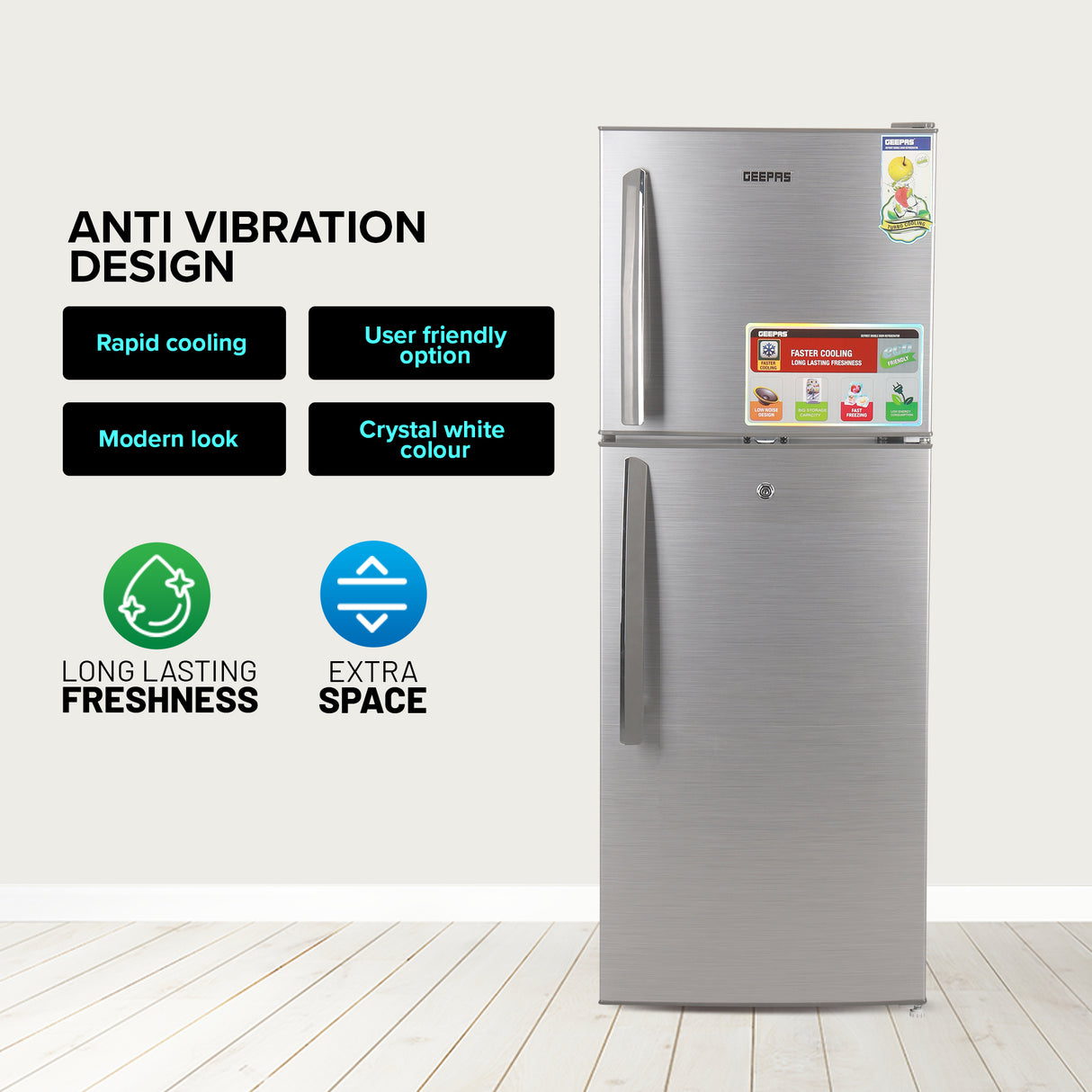 Geepas Double Door Refrigerator - Free Standing Durable Double Door Refrigerator, Gross 200L & Net 138L capacity, Quick Cooling & Long-lasting Freshness, Low Noise, Low Energy Consumption, Defrost Refrigerator | 1 Year Warranty