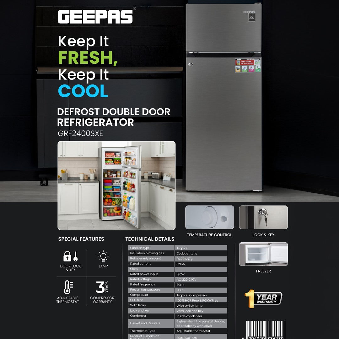 Geepas GRF2400SXE 240L Double Door Defrost Refrigerator | 205L Net Capacity | tropical compressor | Adjustable thermostat |3 durable tempered glass shelves |interior lamp