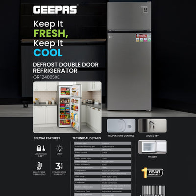 Geepas GRF2400SXE 240L Double Door Defrost Refrigerator | 205L Net Capacity | tropical compressor | Adjustable thermostat |3 durable tempered glass shelves |interior lamp