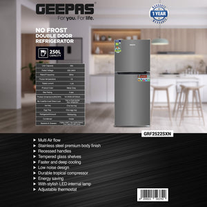 Geepas GRF2522SXN 250L No Frost Double Door Refrigerator |180L Net Capacity |Multi Air Flow cooling | tropical compressor |Fast and deep cooling | tempered glass shelves