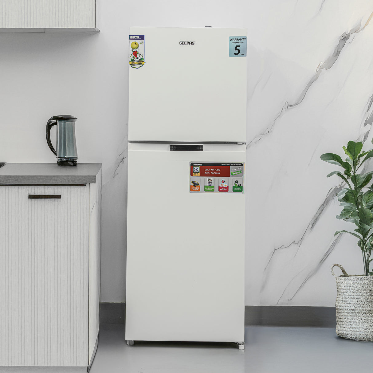 Geepas Double Door Total No-Frost Refrigerator- GRF2708WPN-U/ Quick Cooling, Low Noise Operation/ Equipped with Glass Shelves, Chrome Bottle Holder