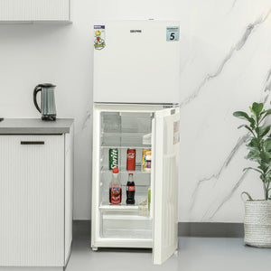 Geepas Double Door Total No-Frost Refrigerator- GRF2708WPN-U/ Quick Cooling, Low Noise Operation/ Equipped with Glass Shelves, Chrome Bottle Holder