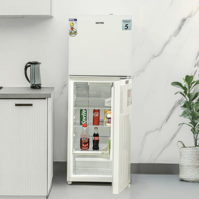 Geepas Double Door Total No-Frost Refrigerator- GRF2708WPN-U/ Quick Cooling, Low Noise Operation/ Equipped with Glass Shelves, Chrome Bottle Holder