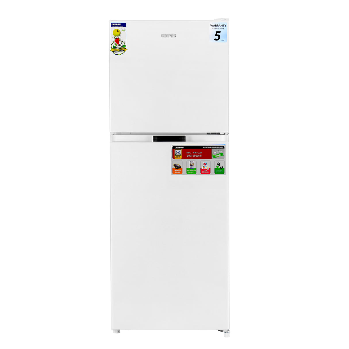 Geepas Double Door Total No-Frost Refrigerator- GRF2708WPN-U/ Quick Cooling, Low Noise Operation/ Equipped with Glass Shelves, Chrome Bottle Holder