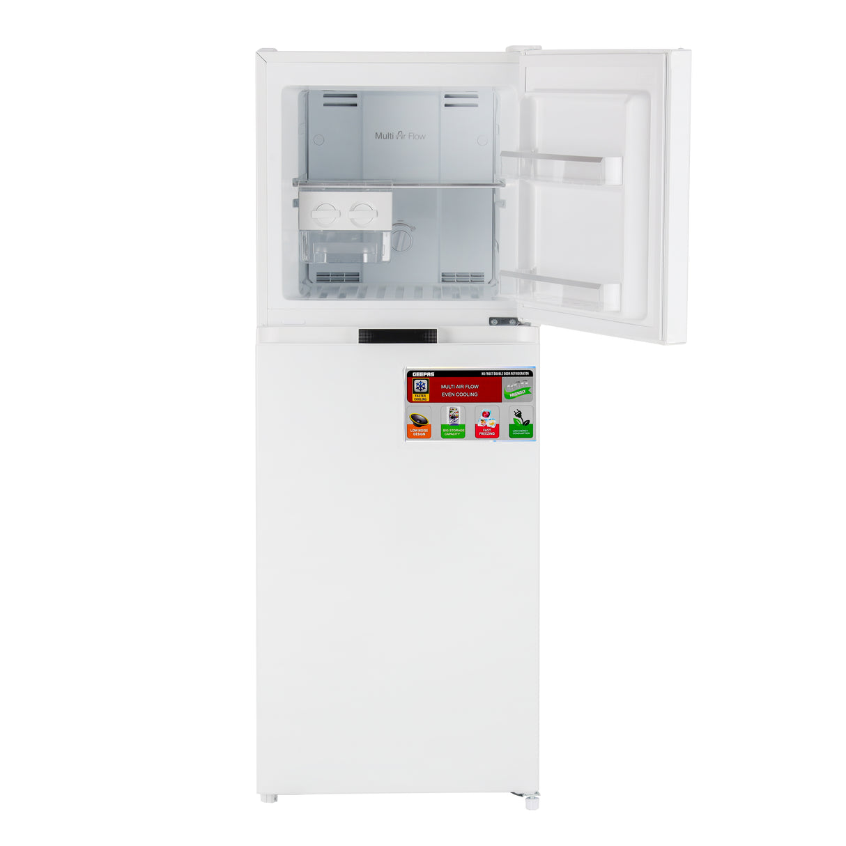 Geepas Double Door Total No-Frost Refrigerator- GRF2708WPN-U/ Quick Cooling, Low Noise Operation/ Equipped with Glass Shelves, Chrome Bottle Holder