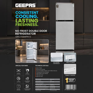 Geepas GRF2708WPN Total No Frost Double Door Refrigerator| 270L Gross Capacity |   Double Door Design | Quick Cooling System | Electronic Controls |Low Noise Operation