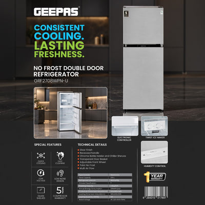 Geepas GRF2708WPN Total No Frost Double Door Refrigerator| 270L Gross Capacity |   Double Door Design | Quick Cooling System | Electronic Controls |Low Noise Operation