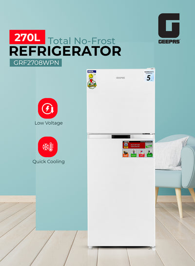 Geepas Double Door Total No-Frost Refrigerator- GRF2708WPN-U/ 270L Gross/ 200L Net Capacity, Quick Cooling, Low Noise Operation/ Equipped with Glass Shelves, Chrome Bottle Holder