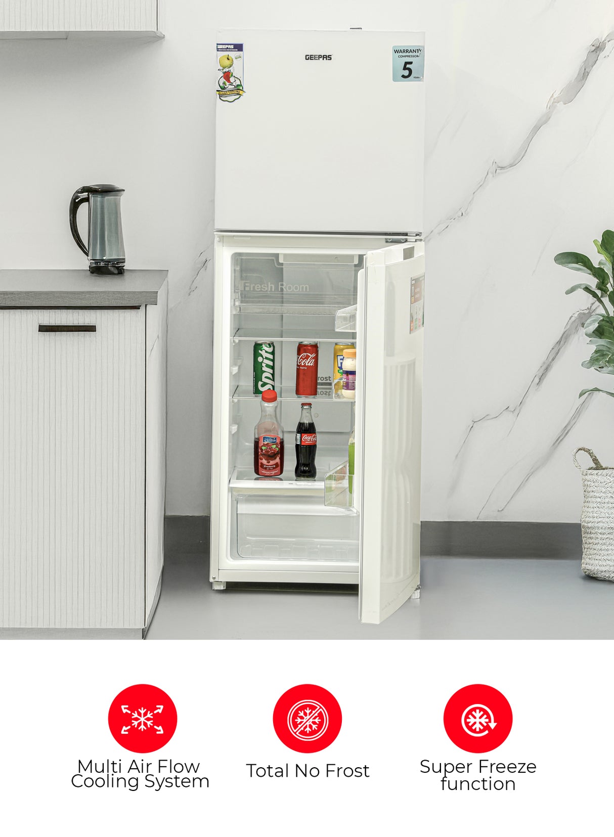 Geepas Double Door Total No-Frost Refrigerator- GRF2708WPN-U/ 270L Gross/ 200L Net Capacity, Quick Cooling, Low Noise Operation/ Equipped with Glass Shelves, Chrome Bottle Holder