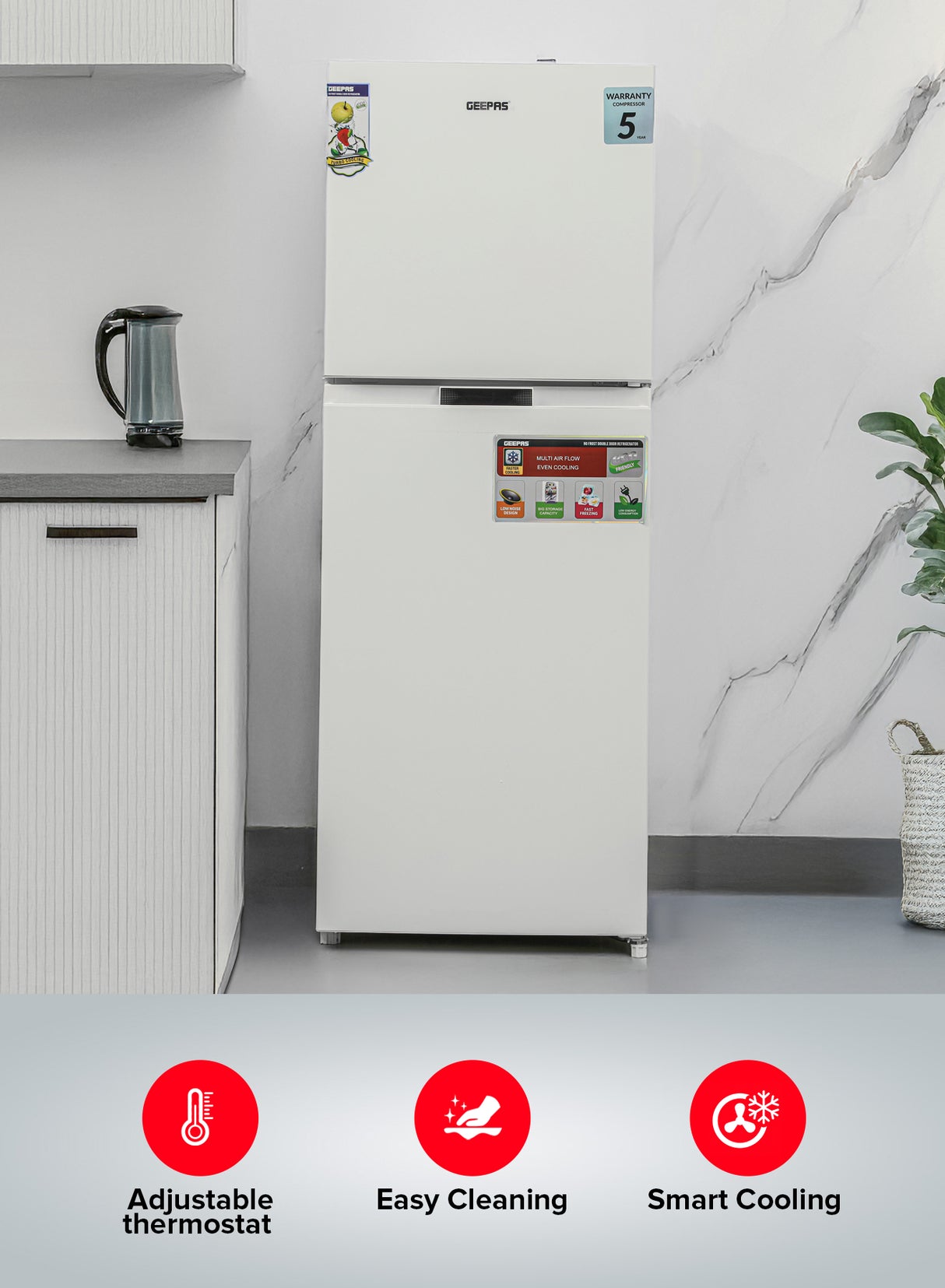 Geepas Double Door Total No-Frost Refrigerator- GRF2708WPN-U/ 270L Gross/ 200L Net Capacity, Quick Cooling, Low Noise Operation/ Equipped with Glass Shelves, Chrome Bottle Holder