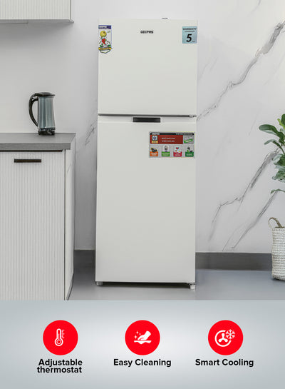 Geepas Double Door Total No-Frost Refrigerator- GRF2708WPN-U/ 270L Gross/ 200L Net Capacity, Quick Cooling, Low Noise Operation/ Equipped with Glass Shelves, Chrome Bottle Holder