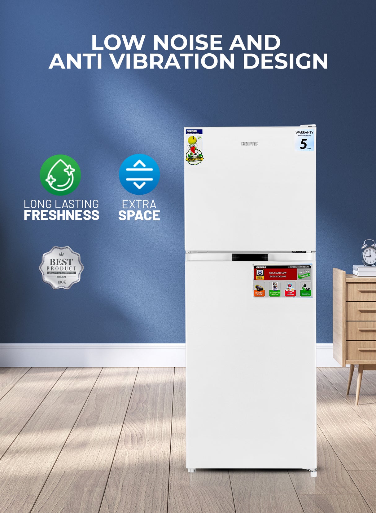 Geepas Double Door Total No-Frost Refrigerator- GRF2708WPN-U/ 270L Gross/ 200L Net Capacity, Quick Cooling, Low Noise Operation/ Equipped with Glass Shelves, Chrome Bottle Holder