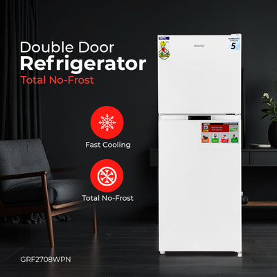 Geepas Double Door Total No-Frost Refrigerator- GRF2708WPN-U/ 270L Gross/ 200L Net Capacity, Quick Cooling, Low Noise Operation/ Equipped with Glass Shelves, Chrome Bottle Holder
