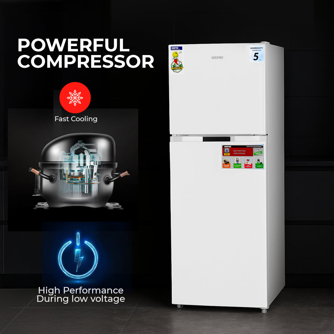Geepas Double Door Total No-Frost Refrigerator- GRF2708WPN-U/ 270L Gross/ 200L Net Capacity, Quick Cooling, Low Noise Operation/ Equipped with Glass Shelves, Chrome Bottle Holder