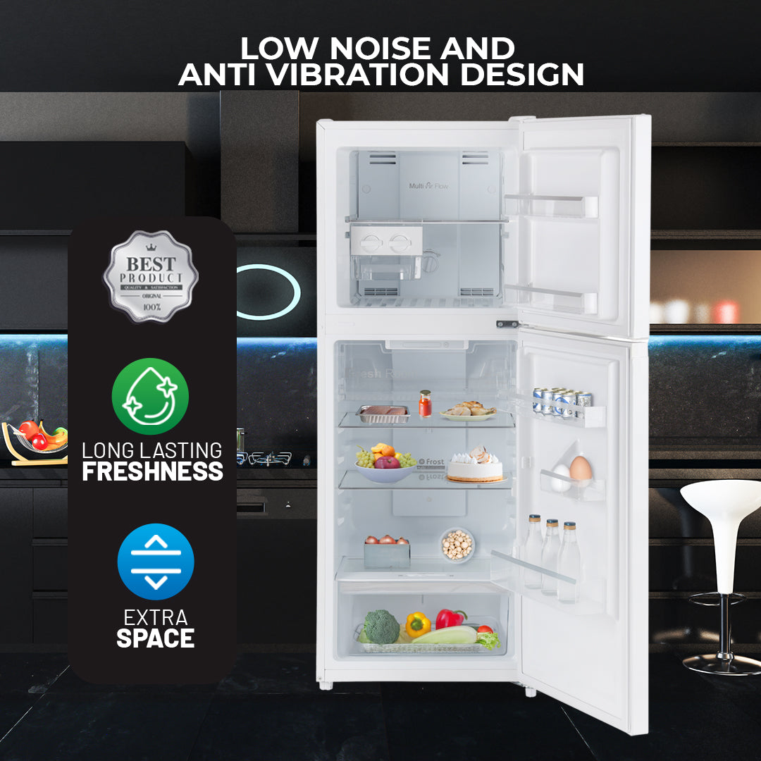 Geepas Double Door Total No-Frost Refrigerator- GRF2708WPN-U/ 270L Gross/ 200L Net Capacity, Quick Cooling, Low Noise Operation/ Equipped with Glass Shelves, Chrome Bottle Holder