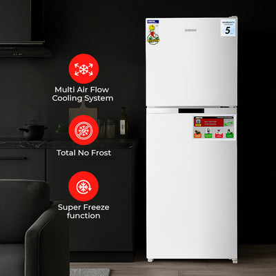 Geepas Double Door Total No-Frost Refrigerator- GRF2708WPN-U/ 270L Gross/ 200L Net Capacity, Quick Cooling, Low Noise Operation/ Equipped with Glass Shelves, Chrome Bottle Holder