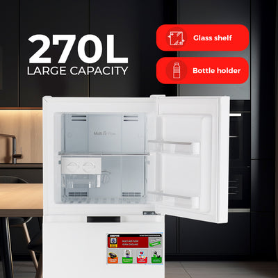 Geepas Double Door Total No-Frost Refrigerator- GRF2708WPN-U/ 270L Gross/ 200L Net Capacity, Quick Cooling, Low Noise Operation/ Equipped with Glass Shelves, Chrome Bottle Holder