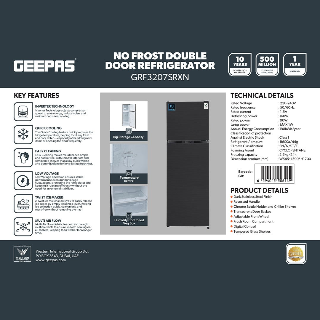 Geepas GRF3207SSXXN 320L No Frost Double Door Refrigerator | Inverter Technology | Multi Air Flow system | Digital temperature control | Quick Cooling function