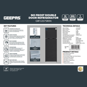 Geepas GRF3207SSXXN 320L No Frost Double Door Refrigerator | Inverter Technology | Multi Air Flow system | Digital temperature control | Quick Cooling function