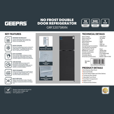 Geepas GRF3207SSXXN 320L No Frost Double Door Refrigerator | Inverter Technology | Multi Air Flow system | Digital temperature control | Quick Cooling function